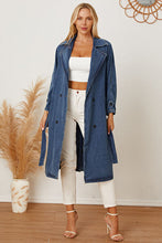 Load image into Gallery viewer, Double-Breasted Belted Longline Denim Jacket
