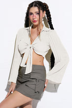 Load image into Gallery viewer, Tie Front Johnny Collar Flare Sleeve Cropped Top
