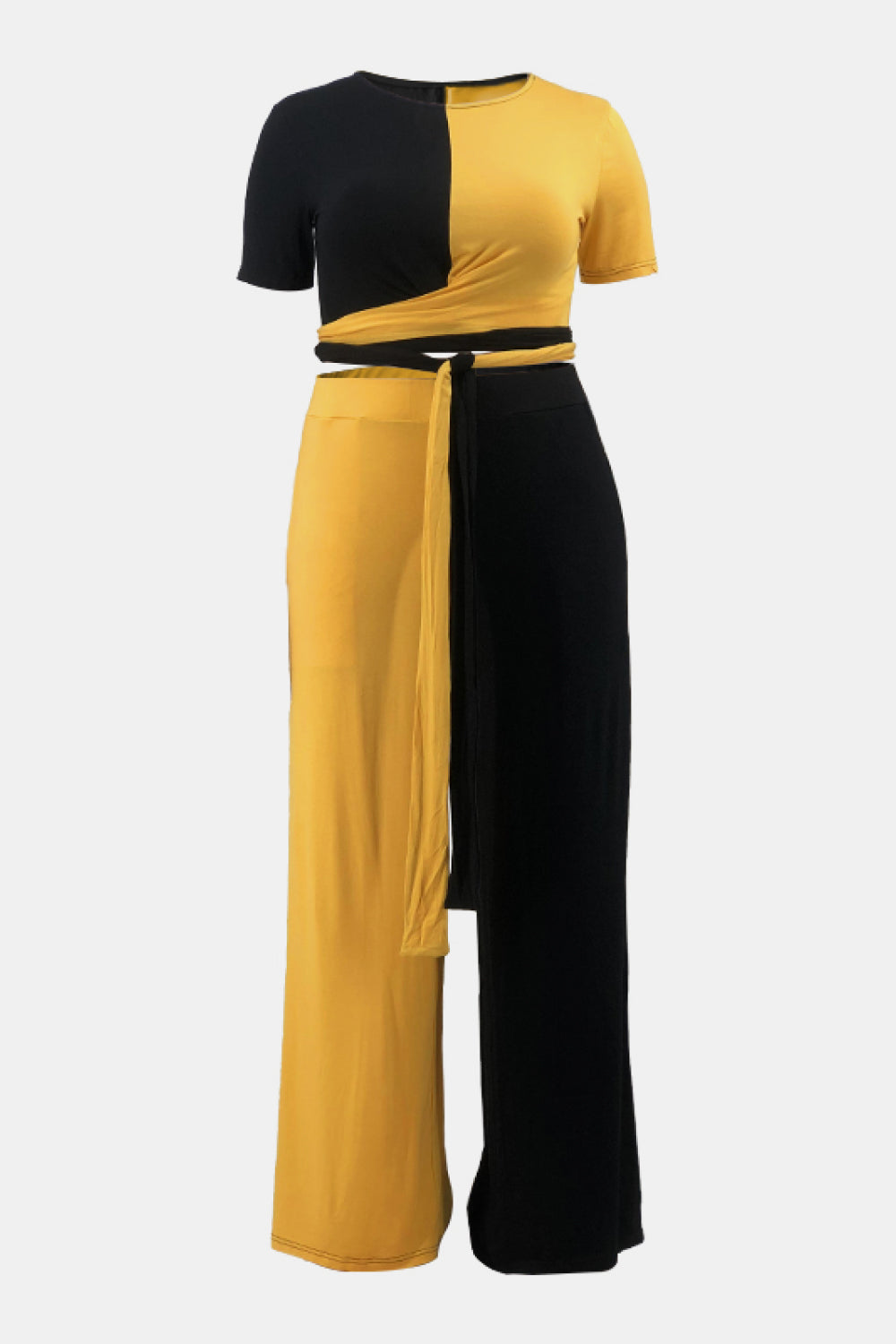 Plus Size Two-Tone Tie Front Top and Pants Set with Pockets