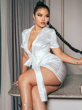 Load image into Gallery viewer, Printed Tie Front Ruched Plunge Mini Dress

