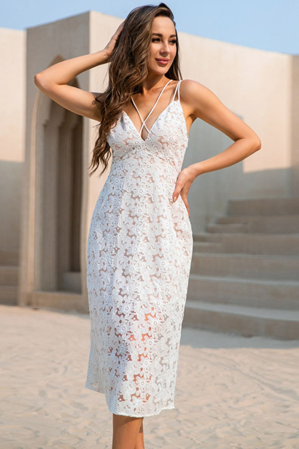 Lace Crisscross Lace-Up Midi Dress