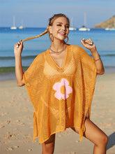 Load image into Gallery viewer, Openwork Flower V-Neck Short Sleeve Cover Up

