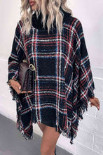 Load image into Gallery viewer, Plaid Turtleneck Fringe Hem Poncho
