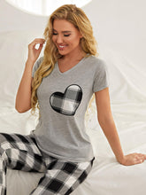 Load image into Gallery viewer, Plaid Heart Tee and Pants Lounge Set with Pockets
