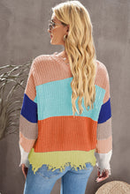 Load image into Gallery viewer, Color Block Distressed V-Neck Ribbed Sweater

