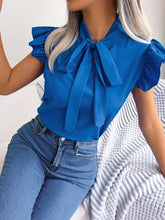 Load image into Gallery viewer, Tie  Neck Cap Sleeve Blouse
