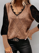 Load image into Gallery viewer, Lace Decor V Neck Two Tone Sweater
