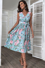 Load image into Gallery viewer, Floral Tie-Waist Sleeveless Pleated Midi Dress

