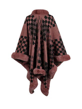 Load image into Gallery viewer, Checkered Faux Fur Trim Poncho
