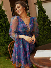 Load image into Gallery viewer, Floral Lace-Up Mesh Balloon Sleeve A-Line Dress
