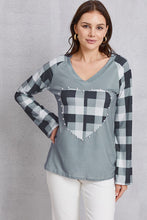 Load image into Gallery viewer, Pearl Detail Plaid V-Neck T-Shirt
