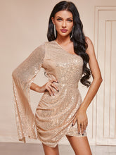 Load image into Gallery viewer, Sequin One-Shoulder Cloak Sleeve Dress
