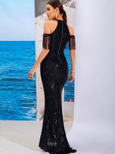 Load image into Gallery viewer, Sequin Cold-Shoulder Fringe Detail Dress
