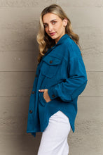 Load image into Gallery viewer, Zenana Cozy in the Cabin Full Size Fleece Elbow Patch Shacket in Teal
