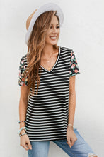 Load image into Gallery viewer, Floral Sleeves Striped T-shirt
