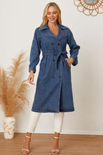 Load image into Gallery viewer, Double-Breasted Belted Longline Denim Jacket
