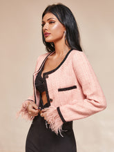 Load image into Gallery viewer, Contrast Feather Trim Cuff Cropped Jacket
