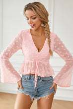 Load image into Gallery viewer, Swiss Dot Drawstring Detail Flare Sleeve Peplum Top
