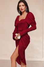 Load image into Gallery viewer, Ruched Lantern Sleeve Slit Satin Dress
