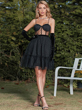 Load image into Gallery viewer, Polka Dot Spliced Mesh Seam Detail Mini Dress
