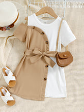 Load image into Gallery viewer, Girls Contrast Decorative Button Belted Dress
