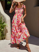 Load image into Gallery viewer, Tie Shoulder Straight Neck Smocked Tiered Dress

