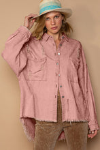 Load image into Gallery viewer, POL Button Down Raw Hem Distressed Shacket

