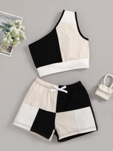 Load image into Gallery viewer, Girls Tricolor One-Shoulder Tank and Shorts Set
