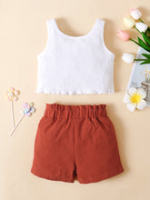 Load image into Gallery viewer, Girls Ribbed Notched Tank and Bow Detail Shorts Set
