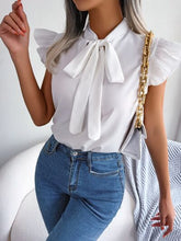 Load image into Gallery viewer, Tie  Neck Cap Sleeve Blouse
