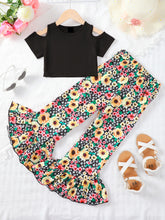 Load image into Gallery viewer, Cold-Shoulder Top and Floral Flare Pants Set
