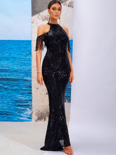 Load image into Gallery viewer, Sequin Cold-Shoulder Fringe Detail Dress
