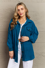 Load image into Gallery viewer, Zenana Cozy in the Cabin Full Size Fleece Elbow Patch Shacket in Teal

