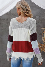 Load image into Gallery viewer, Color Block Distressed V-Neck Ribbed Sweater
