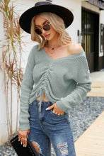 Load image into Gallery viewer, Waffle-Knit Drawstring Detail V-Neck Sweater
