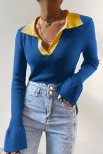 Load image into Gallery viewer, Contrast  Johnny Collar Flare Sleeve Knit Top
