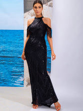 Load image into Gallery viewer, Sequin Cold-Shoulder Fringe Detail Dress
