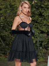 Load image into Gallery viewer, Polka Dot Spliced Mesh Seam Detail Mini Dress
