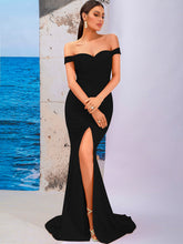 Load image into Gallery viewer, Off-Shoulder Split Fishtail Dress with Train
