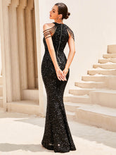 Load image into Gallery viewer, Sequin Zip-Back Grecian Maxi Dress
