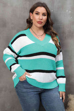 Load image into Gallery viewer, Plus Size Striped V-Neck Dropped Shoulder Sweater
