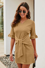 Load image into Gallery viewer, Tied Short Flounce Sleeve Notched Neck Dress
