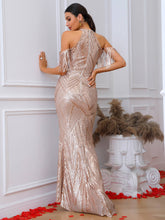 Load image into Gallery viewer, Sequin Cold-Shoulder Fringe Detail Dress
