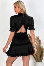 Load image into Gallery viewer, Frill Trim Short Puff Sleeve Plunge Dress
