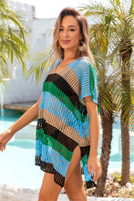 Load image into Gallery viewer, Openwork Striped V-Neck Short Sleeve Cover Up
