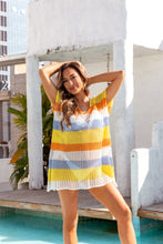 Load image into Gallery viewer, Openwork Striped V-Neck Short Sleeve Cover Up
