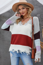 Load image into Gallery viewer, Color Block Distressed V-Neck Ribbed Sweater
