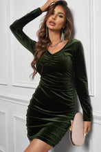 Load image into Gallery viewer, V-Neck Ruched Long Sleeve  Dress
