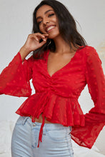 Load image into Gallery viewer, Swiss Dot Drawstring Detail Flare Sleeve Peplum Top
