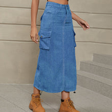 Load image into Gallery viewer, Drawstring Ruched Slit Denim Midi Skirt
